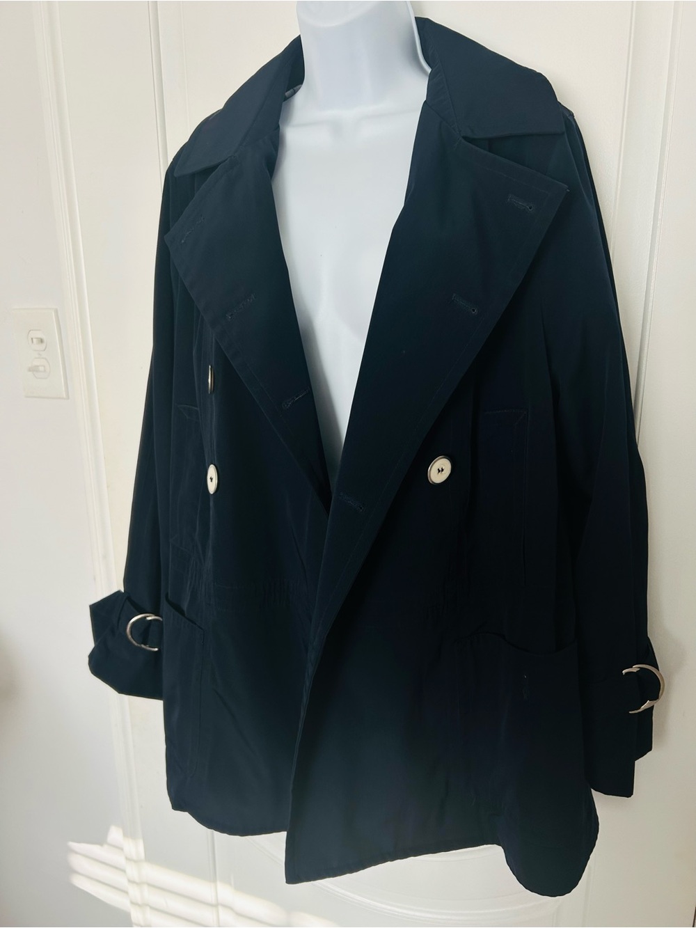Women Navy Blue Double-Breasted Trench Coat Jacket